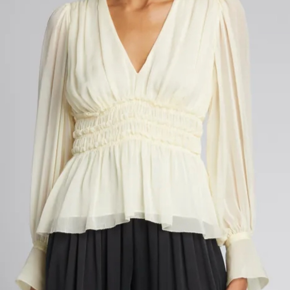 REBECCA TAYLOR Smocked Silk Blouse In Cream EUC 100% silk sz. 6